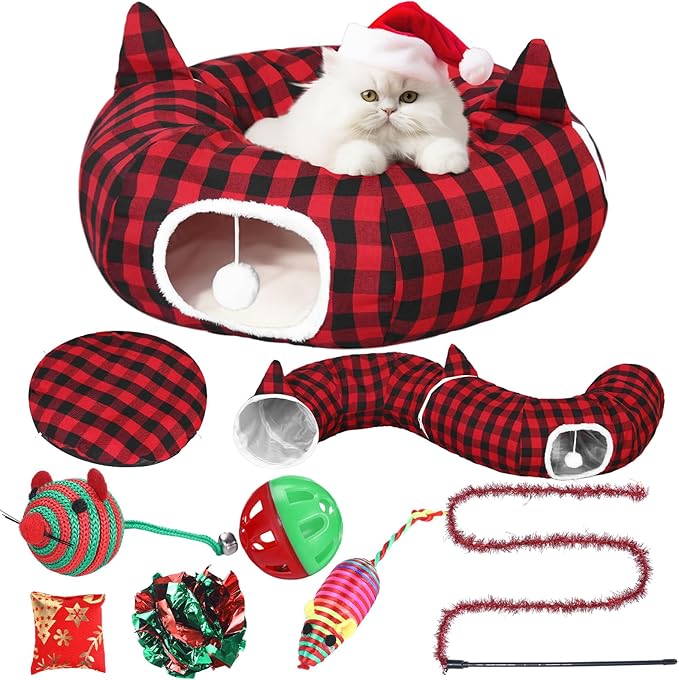 Christmas Cat Tunnel Bed with 8 Cat Toys Fluffy Plush Dog Tunnel Bed with Washable Cushion and Dangling Balls 3FT Multifunctional Playground for Small Medium Large Rabbit(Plaid,Red)