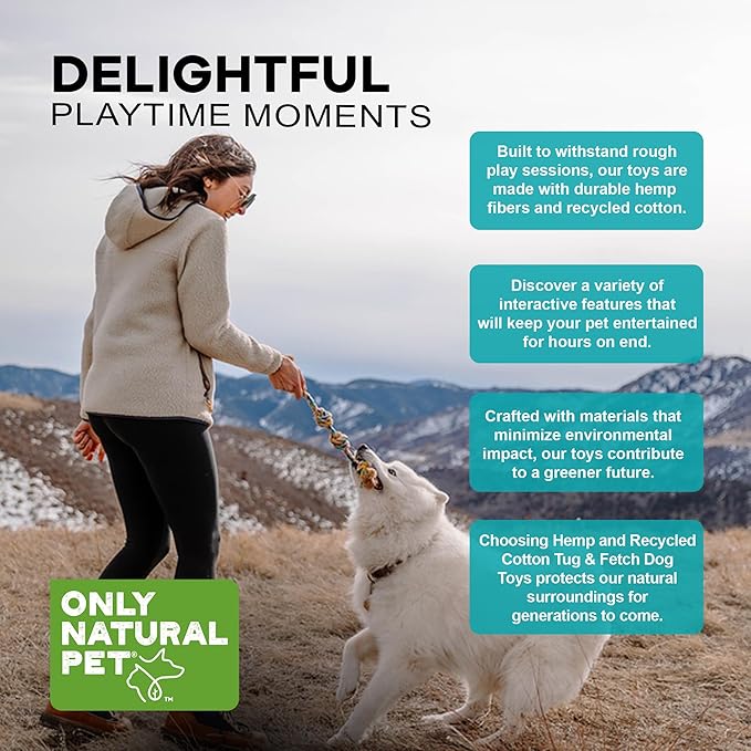 Only Natural Pet Hemp and Recycled Cotton Tug & Fetch Dog Toy - Interactive Chew Rope With Knots - Eco-Friendly, Engaging, Durable Braid | 3 Knot, 15" x 3"