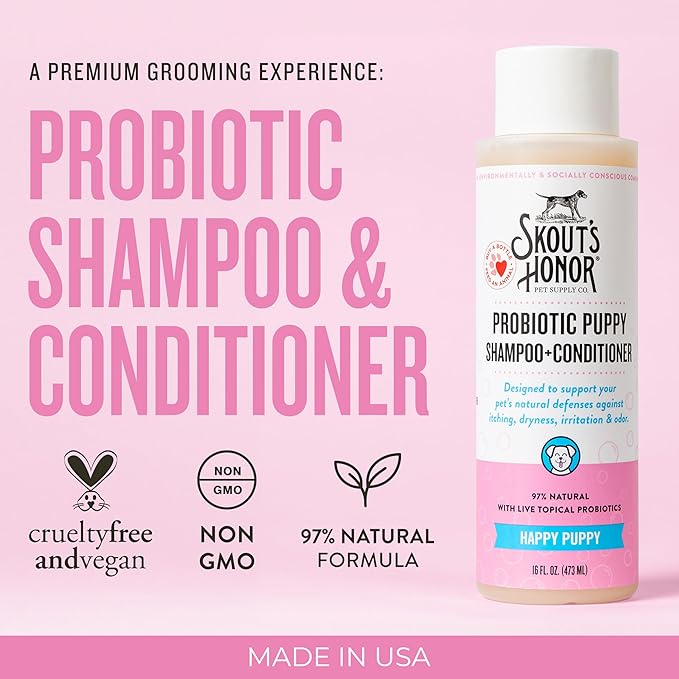 Skout's Honor Probiotic Dog Shampoo & Conditioner with Avocado Oil & Omega-3s, 97% Natural, Paraben & Sulfate-Free, Cruelty-Free, 16oz, Happy Puppy