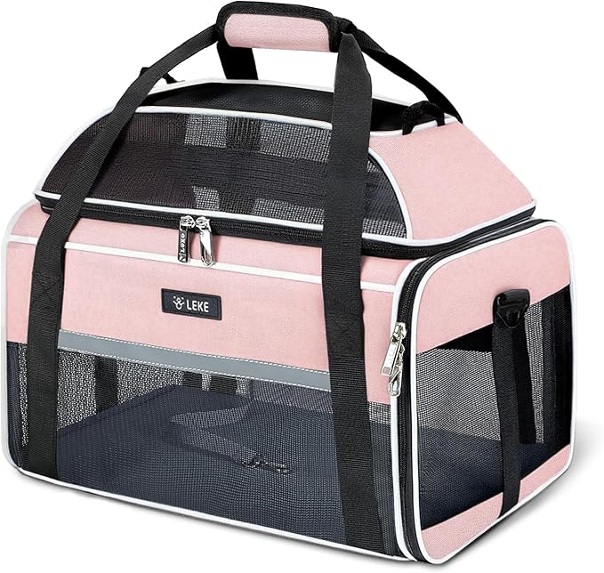 Lekereise Top-Expandable Pet Carrier - TSA Airline Approved Soft Sided Underseat Up to 12lbs Travel Carriers for Small Cats and Dogs with Locking Safety Zippers Anti-Scratch Mesh Pink
