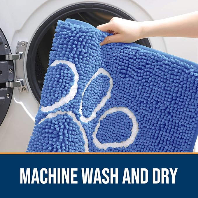 OLANLY Dog Door Mat for Muddy Paws 48x30, Paw Print Design, Absorbs Moisture and Dirt, Absorbent Non-Slip Washable Doormat, Quick Dry Chenille Mud Mat, Entry Indoor Entryway Carpet, Cornflower Blue