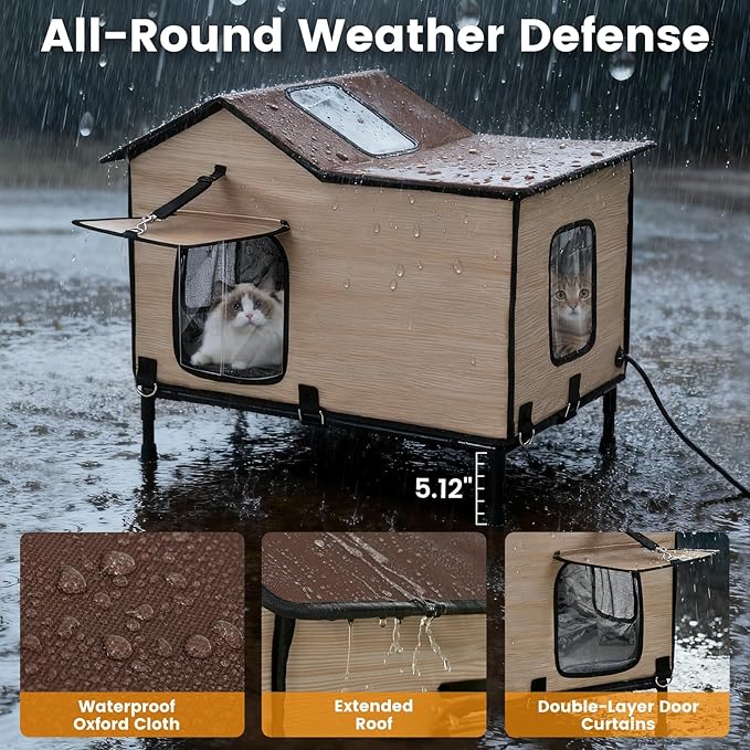 Heated Cat House for Outside in Winter, Weatherproof & Insulated Large Cat Shelter with Heated Cat Bed and 2 Safe Escape Doors for Multiple Stray/Feral Cats(Wood-Grain, 27.6"x19.3"x21.3")