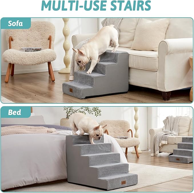 Dog Stairs for Small Dogs, 5 Tier Wider Pet Stairs for High Beds, 23.6" H Non-Slip Dog Steps for Old Cats, Puppies, Small Medium Dogs, 19.7x29.5x23.6 inch, Grey