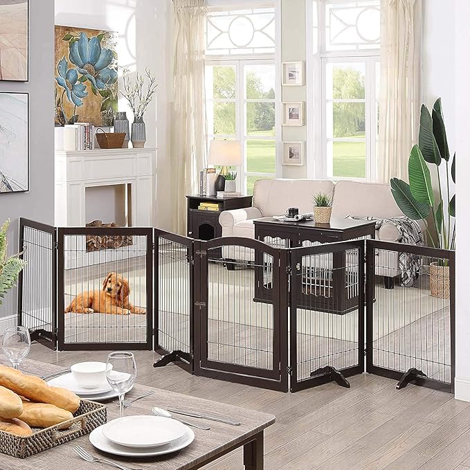 unipaws 144" Extra Wide Dog Gate and Pet Playpen, Free Standing Tall Dog Fence with Walk Through Door, Barriers for Home, Use as Indoor Cats Pen, Rabbit Pen, Espresso