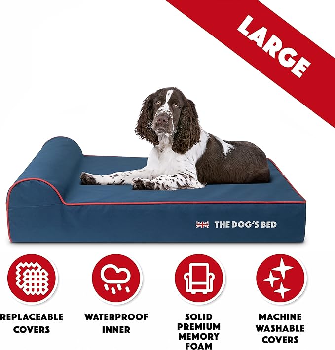 The Dog’s Bed Orthopedic Headrest Dog Bed Large Blue Oxford with Red Trim UK Flag Dog Bed, Memory Foam, Hip & Elbow Dysplasia, Post Surgery, Waterproof Washable Cover