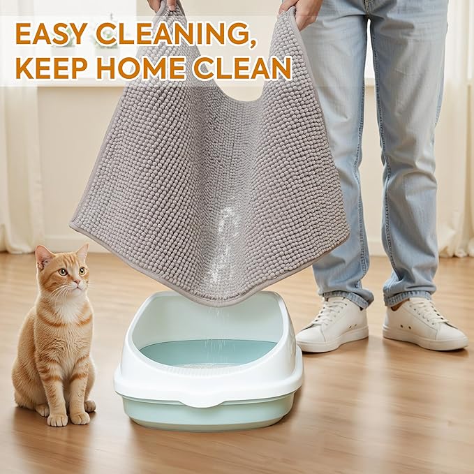 Pieviev Chenille Cat Litter Mat for Litter Box, 36"x30" Soft Ultra Absorbent Mat, Waterproof & Non-Slip, Easy to Clean Litter Trapping Mat for Indoor Cats, Grey