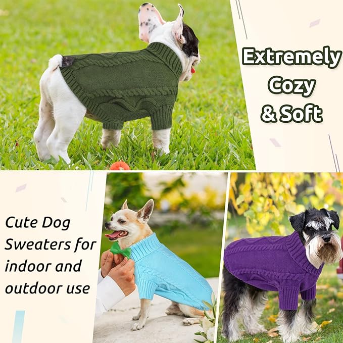 Queenmore Small Dog Pullover Sweater, Cold Weather Cable Knitwear, Classic Turtleneck Thick Warm Clothes for Chihuahua, Bulldog, Dachshund, Pug (Sky Blue, Small)