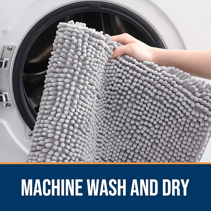 OLANLY Dog Door Mat for Muddy Paws 47x32, Absorbs Moisture and Dirt, Absorbent Non-Slip Washable Doormat, Quick Dry Chenille Mud Mat for Dogs, Entry Indoor Entryway Carpet for Inside Floor, Light Grey