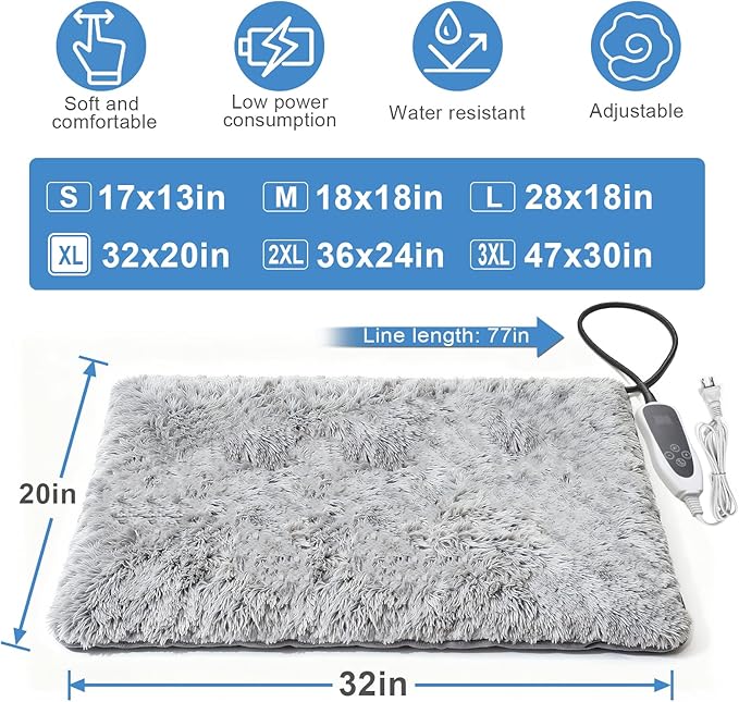 Dog Heating Pad, 32×20 in Heated Dog House, Upgraded Always-On Smart Thermostat Metal Protective Tube with a Plush Fabric Cover Puppy Whelping Supplies- Grey