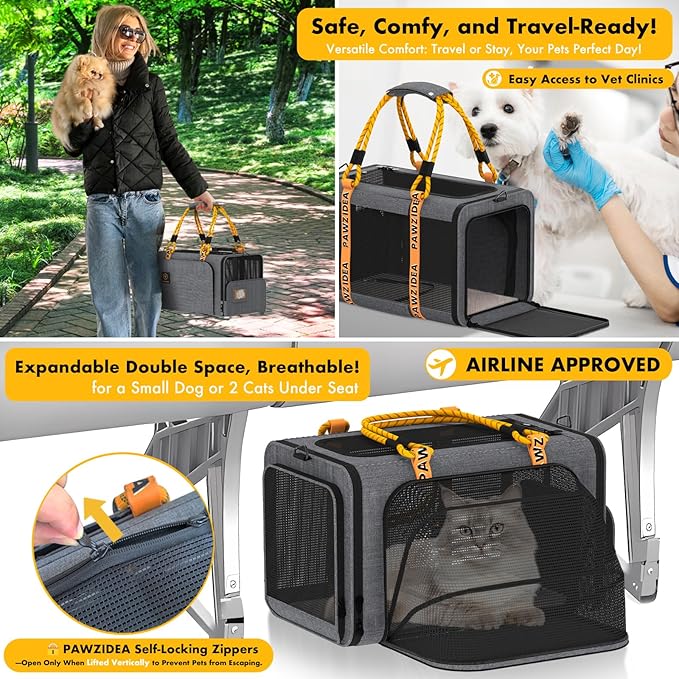 PAWZIDEA Double Pet Stroller with 2 Detachable Carriers, Portable Dog Crate for Car Travel & TSA-Approved Expandable Cat Carrier, Foldable Lightweight Jogger Stroller for 2–4 Cats or Small/Medium Dogs