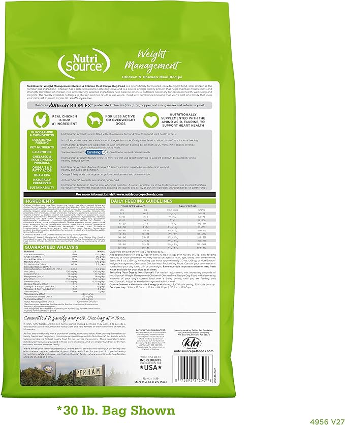 NutriSource Weight Management Dog Food, Made with Chicken and Chicken Meal, with Wholesome Grains, 30LB, Dry Dog Food