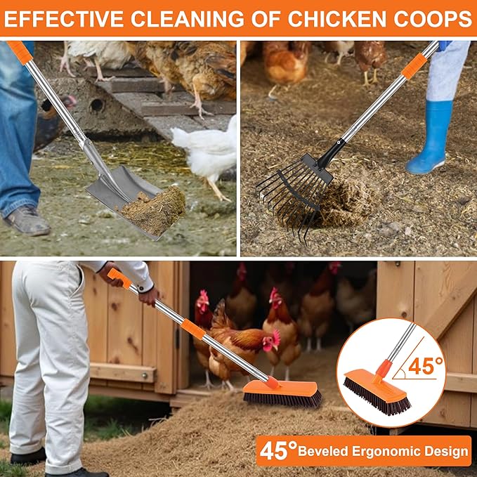 Chicken Poop Scooper Shovel Rake Scrub Brush for Chicken Coop Supplies Accessories for Cleaning