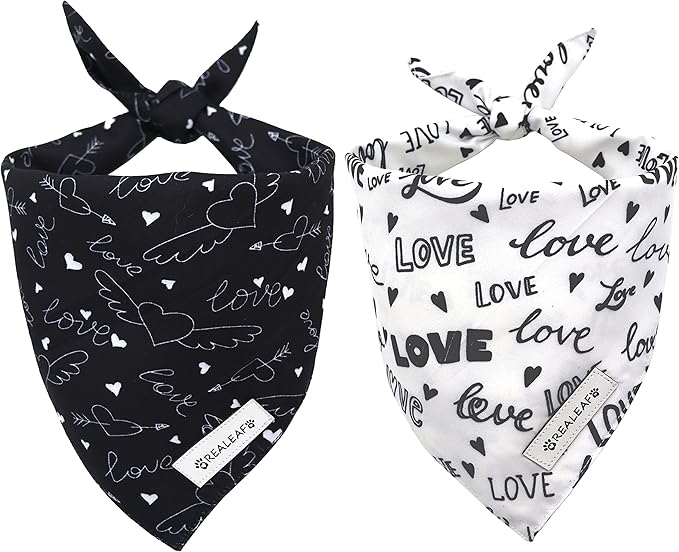 Realeaf Wedding Dog Bandanas 2 Pack, Reversible Love Pet Scarf for Boy and Girl, Premium Durable Fabric, Black and White Bandana for Small Medium Large and Extra Large Dogs (Small)