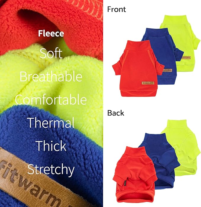 Fitwarm 3 Pack Classic Fleece Dog Sweater, Winter Clothes for Small Dogs Boy Girl, Turtleneck Dog Sweatshirt, Pet Apparel, Orange Red, Royal Blue, Neon Yellow, Medium
