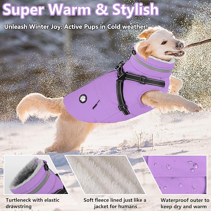 Dogcheer Dog Coat with Harness, Waterproof Dog Jacket, Reflective Puppy Winter Jacket with Pocket, Doggy Turtleneck Fleece Vest for Small Medium Large Dogs - Taro Purple, 2XL