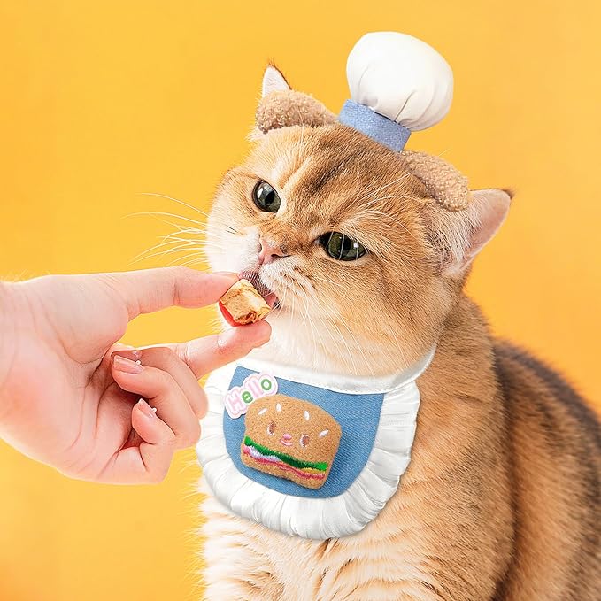 HOWWFALY Cat Halloween Costumes Pet Chef Hat &Hamburger Bib Costume Set, Funny Holiday Cooking Outfit for Small Medium Cats Pets