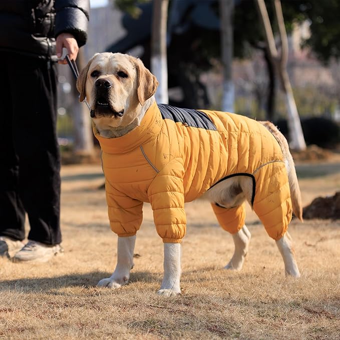 Warm Dog Coat, 4 Legs Covered Waterproof Windproof Reflective Jacket, Zippered Adjustable Outdoor Snow Vest for Small Medium Large Dogs Yellow XXXXL