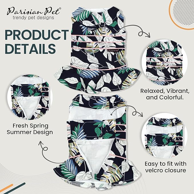 Parisian Pet Palm Leaves Summer Dress - Magic Strap Closure Dog Beach Outfit - Lightweight and Breathable Dresses for Large Dogs Girl 2XL