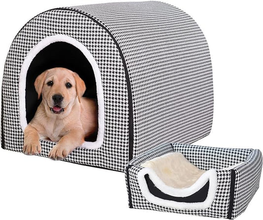 Dog Bed,2 Ways to Use,Indoor Pet House with Fluffy Mat,Removable and Washable Cover,Non-Slip Bottom,for Large Dogs(2XL Black Cranes)