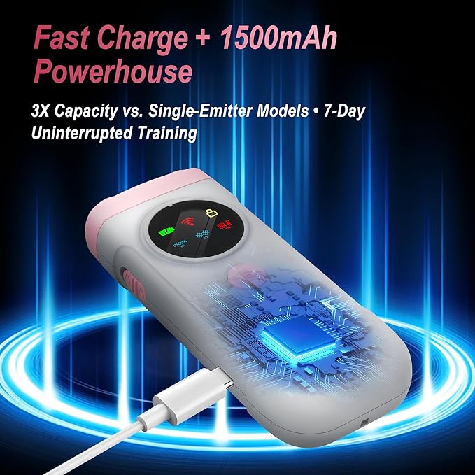 Dog Bark Deterrent Device-2X High-Power Emitters | Anti Barking with 5 Training Modes, 50ft Range, Shock Collar Alternative, 1500mAh Battery, LED Display, Safe Ultrasonic Bark Shield for Dogs (Pink)