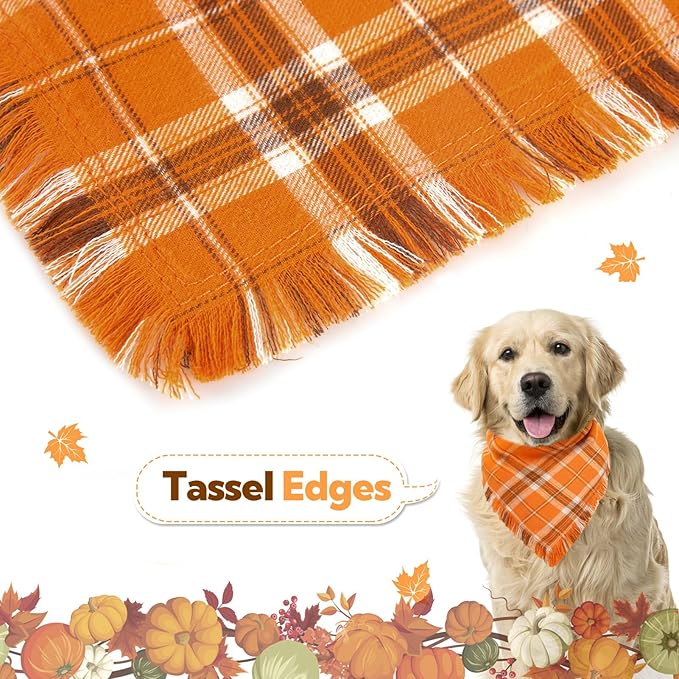 Kytely Dog Bandana Fall Christmas XLarge 2Pack, Halloween Thanksgiving Dog Bandanas, Orange Plaid Pet Scarf for Boy and Girl, Holiday Bandana Reversible Triangle Bibs Accessories for Dogs Pets
