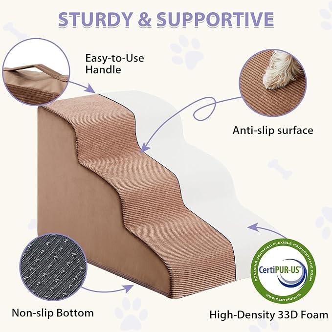 Dog Stairs for Bed, 4-Steps Dog Ramp for Bed, Pet Stair with Highly Supportive Foam and Non-Slip Bottom, Pet Stairs for Large Dogs and Medium Dogs (High 19.7 Inch)