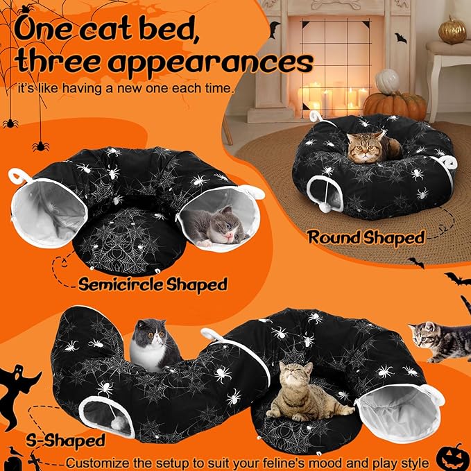 Aliceset Halloween Cat Tunnel Bed for Indoor Cats 3ft x 3ft x 10in Foldable Cat Donut Tunnel with Washable Cushion Halloween Spider Pet Peekaboo Cave Toy for Small Kitten Kitty