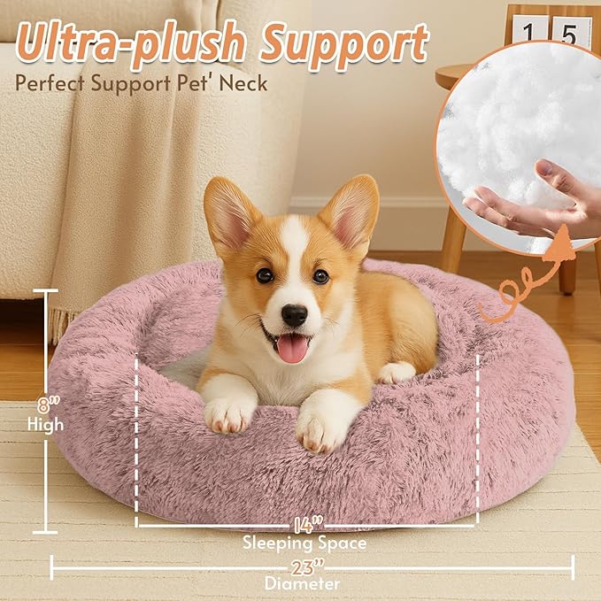 JOLLYVOGUE Calming Dog & Cat Bed for Small Dogs, Anti-Anxiety Donut Cuddler Cozy Soft Round Bed with Anti-Slip Bottom, Fluffy Faux Fur Plush Cushion Beds for Small Medium Pets (23")