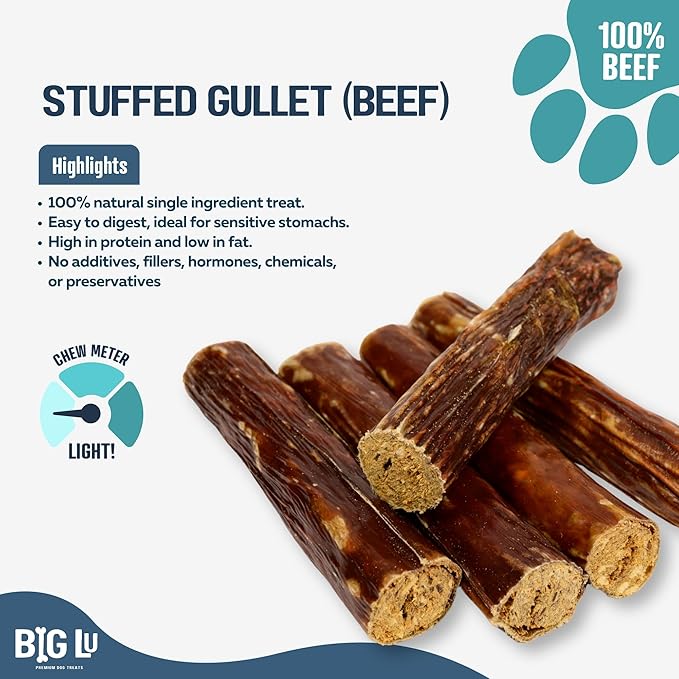 Big Lu - 6-Inch Stuffed Gullet Sticks, 20 Count, Premium Beef Dog Treats, All-Natural, High-Protein, Easily Digestible Chews for Dogs, Supports Dental Health and Joint Mobility
