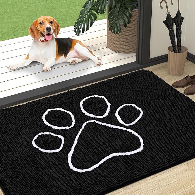 OLANLY Dog Door Mat for Muddy Paws 47x32, Paw Print Design, Absorbs Moisture and Dirt, Absorbent Non-Slip Washable Doormat, Quick Dry Chenille Mud Mat for Dogs, Entry Indoor Entryway Carpet, Black
