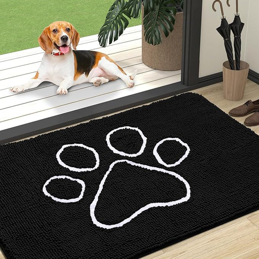 OLANLY Dog Door Mat for Muddy Paws 47x32, Paw Print Design, Absorbs Moisture and Dirt, Absorbent Non-Slip Washable Doormat, Quick Dry Chenille Mud Mat for Dogs, Entry Indoor Entryway Carpet, Black