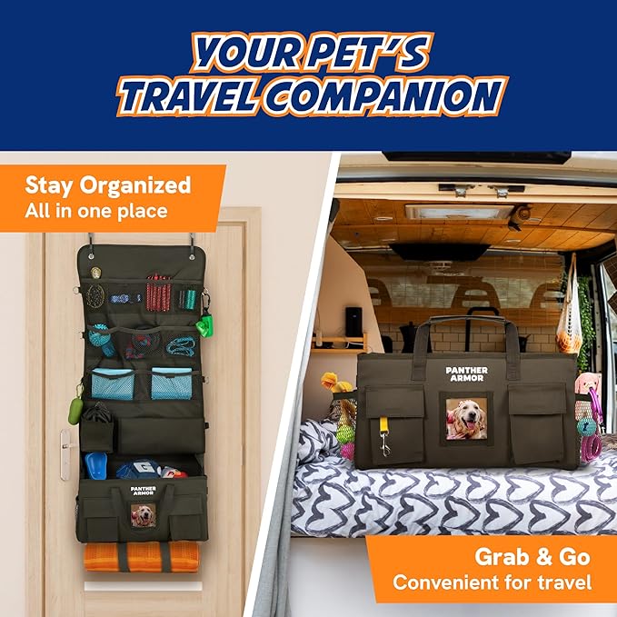 Panther Armor Dog Travel Bag Hanging Dog Organizer & Pet Storage Tote Bag for Supplies | Waterproof Door Storage & Closet Organizer | Food & Treat Container for Travel Accessories