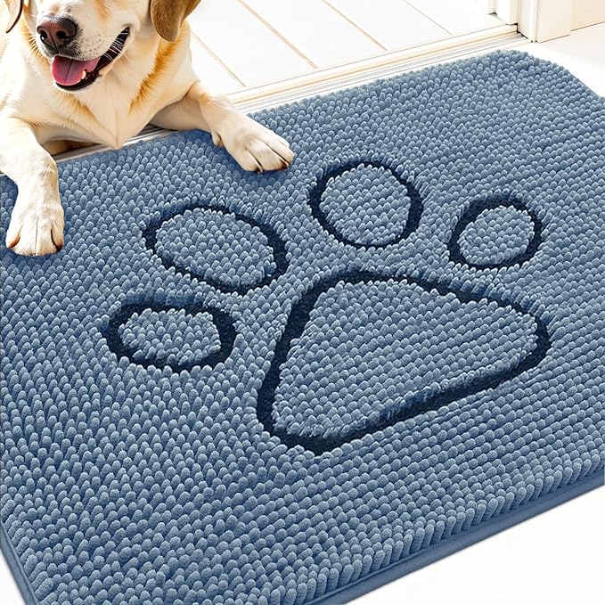 OLANLY Dog Door Mat for Muddy Paws 30x20, Paw Print Design, Absorbs Moisture and Dirt, Non-Slip Washable Doormat, Quick Dry Chenille Mud Mat, Entry Indoor Entryway Carpet, Airy Blue and Black