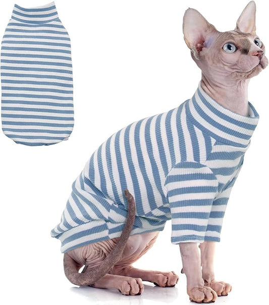 PUMYPOREITY Sphynx Cat Clothes - Soft Hairless Shirt With Sleeves, Stretchy Sweater, Pullover Pajamas Jumpsuit, Turtleneck Outfit for Sphynx Cornish Rex, Devon Rex - Blue, XL