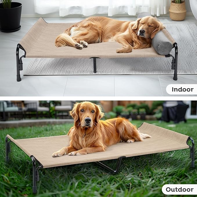 Veehoo Large Elevated Dog Bed, Outdoor Raised Dog Cot Hammock Bed with One-Sided Removable Headrest Bolster, Cooling Breathable Washable Teslin Mesh, Off Ground, Anti-Slip, XXL, CWC2204BCP