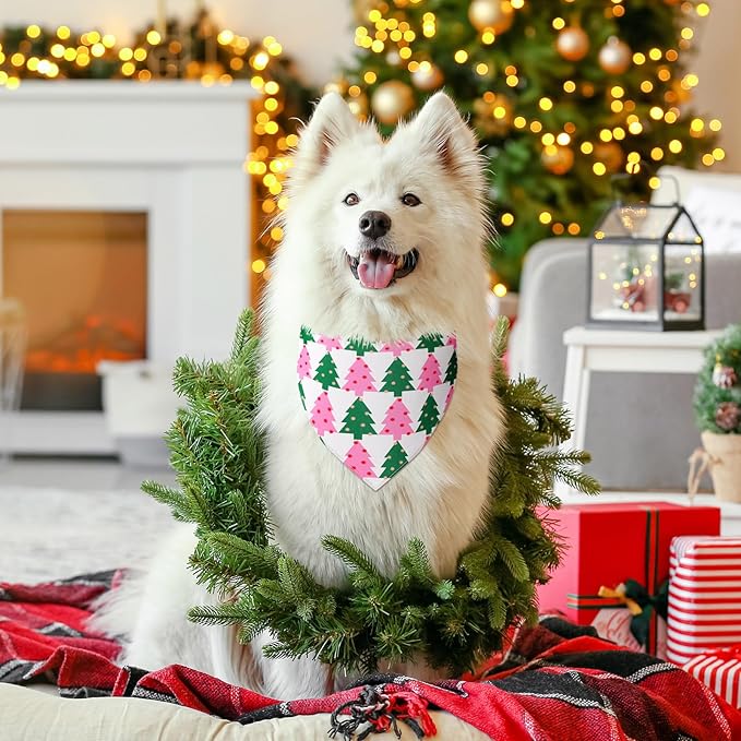 Newwiee 100 Pieces Pink Christmas Dog Bandanas Bulk for Dogs Soft and Breathable Adjustable Christmas Tree Santa Snowman Patterns Printing Dog Kerchief for Small to Large Puppy Cat