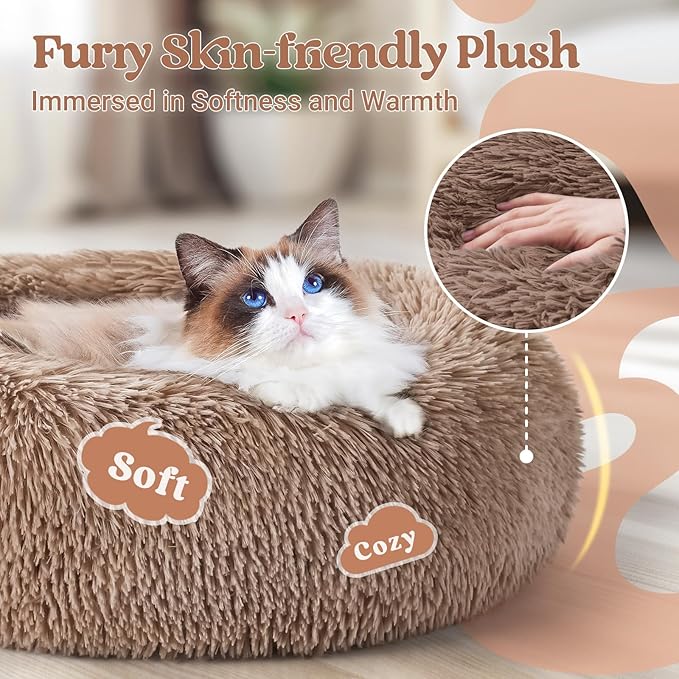 rabbitgoo Cat Beds for Indoor, 20 inches Machine Washable, Fluffy Round Pet Bed Non-Slip, Calming Soft Plush Donut Cuddler Cushion Self Warming for Small Dogs Kittens, Light Brown, Medium