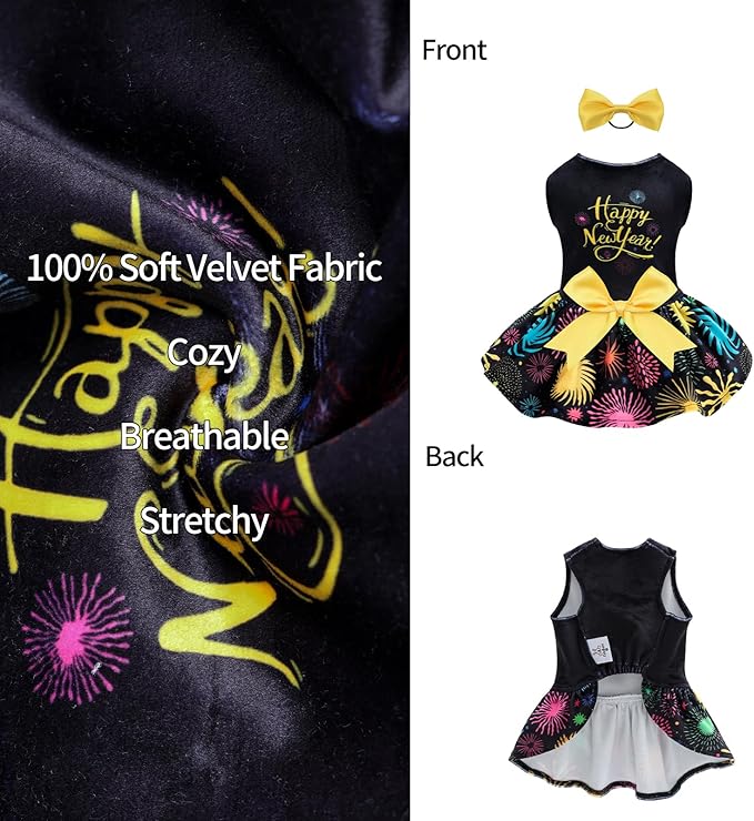CuteBone Happy New Year Dog Dresses Velvet Holiday Small Dogs Clothes Onesie Pet Apparel Girl Puppy Skirt with Bow Hair Rope CVA56L-D