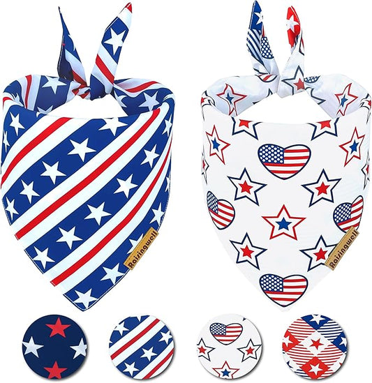 4th of July Dog Bandanas 2 Pack, 4 Pattern Reversible Holiday Bandana for Boy and Girl, Premium Durable Fabric, Summer Triangle Scarf for Medium to Extra Large Breed Dogs (X-Large)