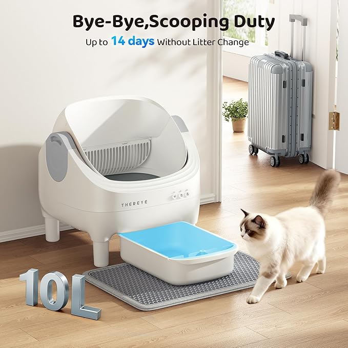 Thereye Self Cleaning Cat Litter Box, Open-Top Automatic Litter Box with APP Control, Safety Sensor and 10L Large Waste Bin, Smart Kitty Litter Boxes with Trash Bags and Mat for Multiple Cats