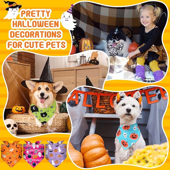 120 Pcs Halloween Dog Bandanas Bulk Pumpkin Ghosts Skeleton Pet Bandanas Dog Handkerchiefs Halloween Scarf Bibs Triangle Bibs Adjustable Kerchief Pet Grooming Costume Accessories