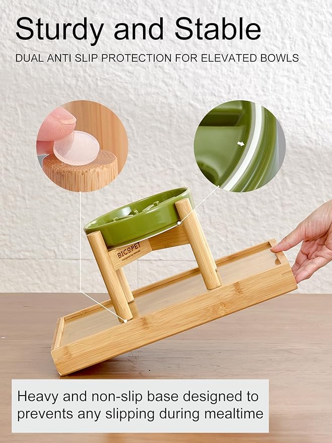 Ceramic Maze Dog Slow Feeder with Non-Slip Silicone Rim (& Bamboo Stand) – Heavy-Duty Stoneware Bowl with Puzzle Pattern for Bloating & Obesity Prevention (Raised-Blue-S)