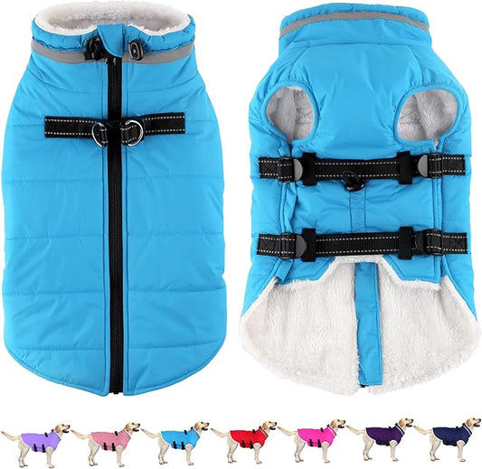 Dogcheer Dog Coat with Harness, Waterproof Dog Jacket Adjustable Pet Winter Coat with Zipper, Christmas Puppy Snow Jacket Fleece Sweater for Small Medium Large Dogs - Sky Blue XL