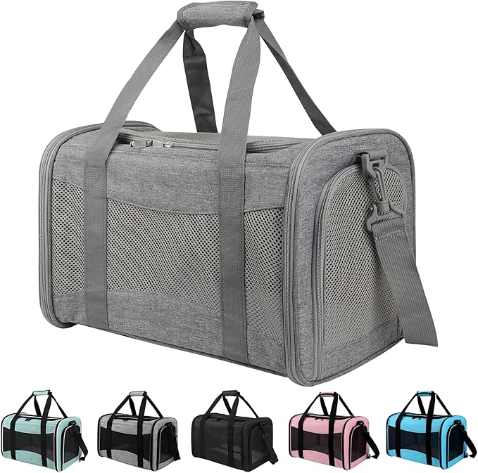 Cat Carrier, Soft-Sided Airline Approved Pet Carrier Case with 4 Ventilated Windows for Cats and Dogs Under 10-25Lbs (17.0 L x 11.0 W x 11.0 H Inch, Grey)
