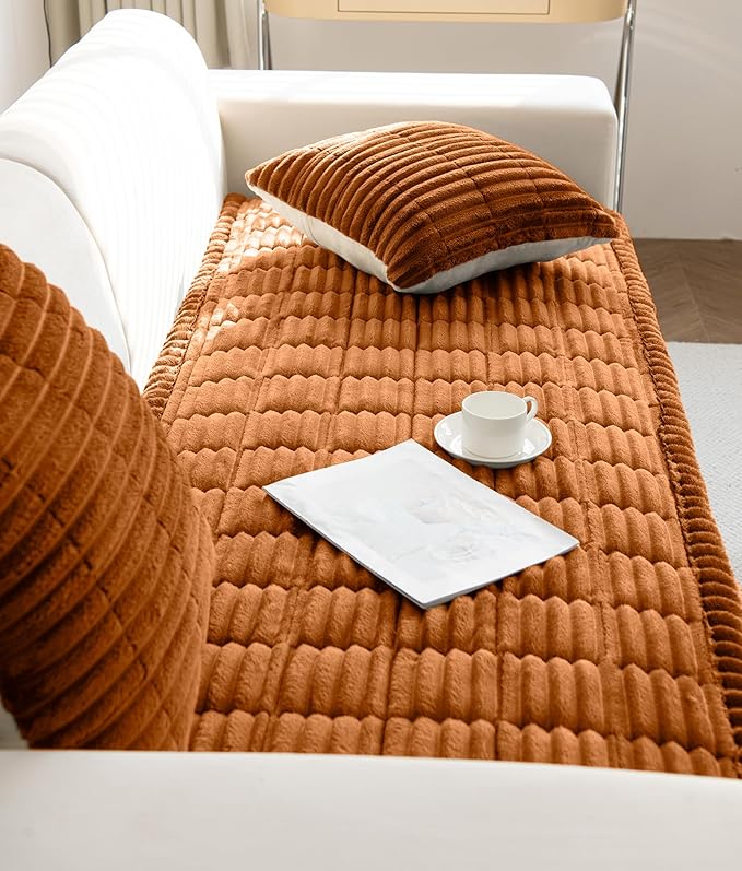 Faux Fur Plush Dog Couch Cover 3D Stripe Fuzzy Sofa Cover Non-Slip Fluffy Dog Bed Cover Pet Blanket Sofa Couch Furniture Protector for Puppy Large Dog Cat (Brown,28"x59")