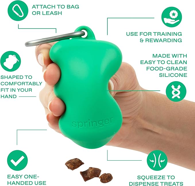 Springer Dog Treat Pouch for Effort-Free Squeeze Dispensing - Easy-fill, Food-Grade Silicone Treat Pouches for Pet Training - Includes Carabiner-Green