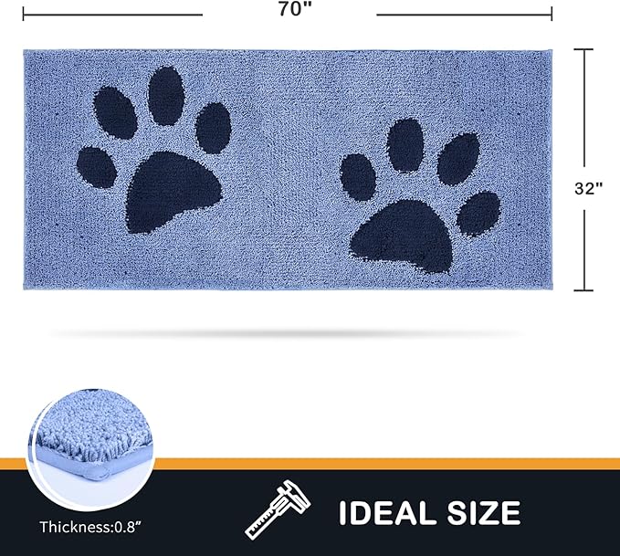 PURRUGS Dirt Trapping Door mat 32" x 70", Non-Skid/Slip Machine Washable Microfiber Entryway Rug, Dog Door Mat, Super Absorbent Welcome Mat for Muddy Wet Shoes and Paws, Light Blue