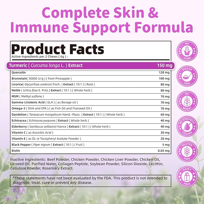 Dog Allergy Relief Chews, Itch Relief for Dogs – Turmeric & Omega-3 Supplements for Skin Comfort, Coat Health & Seasonal Support, Immune Care with Biotin & Quercetin – Beef Flavor, 90 Count