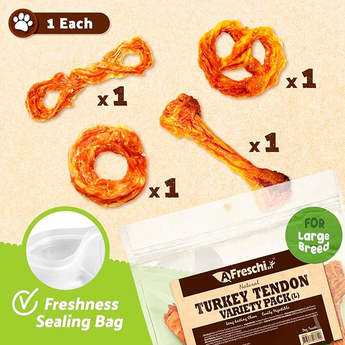 Afreschi Turkey Tendon Variety Large Pack 10 oz, USA-Sourced Turkey Tendon, All Natural Puppy Chew, Hypoallergenic, Rawhide Alternative