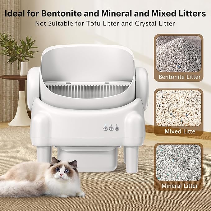 Automatic Litter Box,Open Top Self Cleaning Litter Box with App Control for Multiple Cats, Safety Sensors Protection, Odor Control Includes 2 roll Liners,Large Waste Bin, Cream White